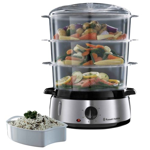 Уред за готвене на пара Russell Hobbs 19270-56, 800W, 3 нива, 9 литра, Таймер 60 мин, Инокс
